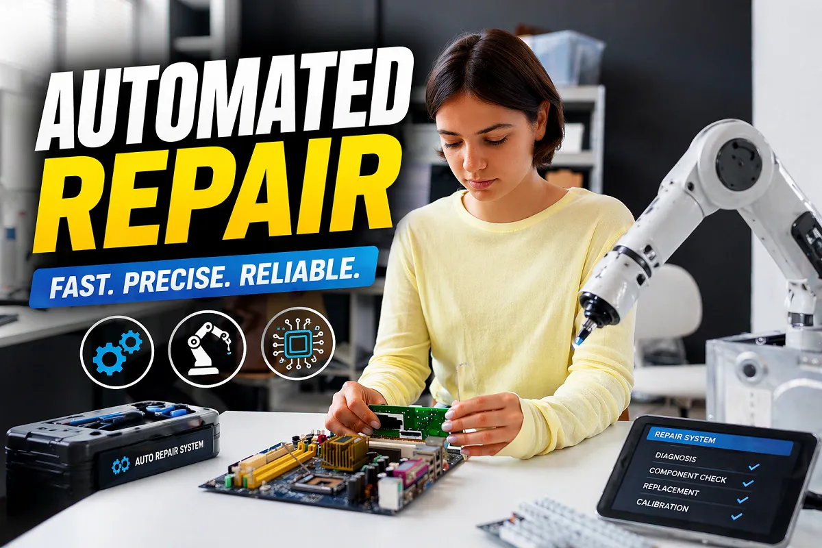 Automated repair of computer motherboard using robotic assistance in a modern tech workspace.